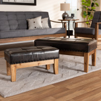 Baxton Studio JY17A058-Dark Brown-2PC Otto Set Lenza Rustic Dark Brown Faux Leather Upholstered 2-Piece Wood Ottoman Set